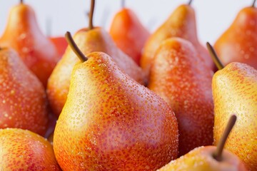 A dynamic 3D of fresh, juicy pears, shown in close up against a stark white background. The highlights the detailed textures and vibrant colors of the pears with realistic