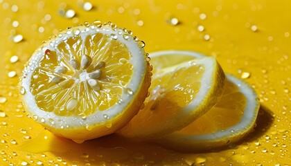 Wall Mural - Vibrant yellow lemons with glistening water droplets, showcasing juicy textures perfect for culinary and beverage inspirations