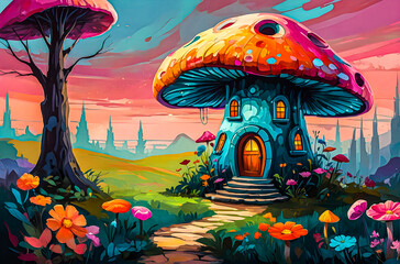 A colorful fairy tale house built inside a giant mushroom vector painting art illustration on a white background. 

