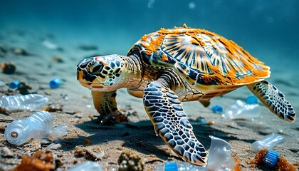 Sea turtle navigating through plastic debris, emphasizing the urgency of marine conservation and environmental protection efforts.