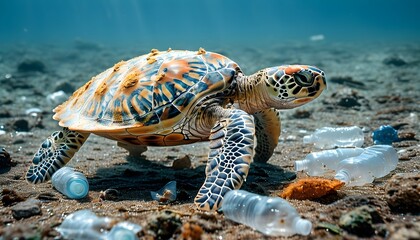 Sea turtle navigating through plastic debris, emphasizing the urgency of marine conservation and environmental protection efforts.