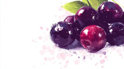 Wall Mural - flat style illustration of juicy acai berries on a bright white background. The illustration captures the vivid color and texture of the berries with clean lines and detailed