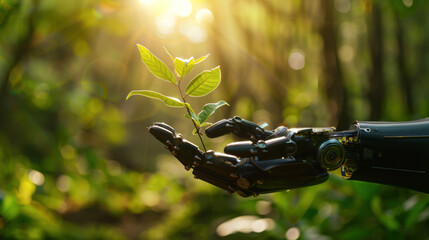 Canvas Print - robot hand holding an emerging plant in a forest, symbolizing environmental protection and artificial intelligence technology for sustainable development with copy space for text