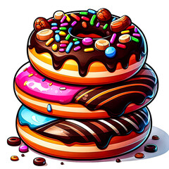 Wall Mural - A stack of three chocolate doughnuts, each with different toppings like rainbow sprinkles, nuts, and chocolate drizzle vector art illustration on a white background.
