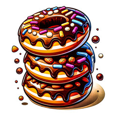 Wall Mural - A stack of three chocolate doughnuts, each with different toppings like rainbow sprinkles, nuts, and chocolate drizzle vector art illustration on a white background.
