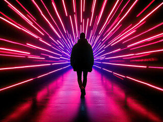 Wall Mural - A person walking through vibrant neon light beams, creating a striking contrast against a dark background.