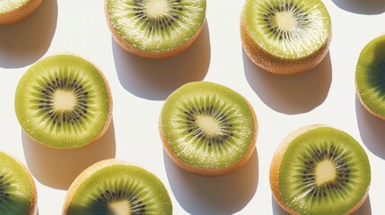 Wall Mural - succulent kiwis on a bright white background. The image focuses on the detailed and realistic depiction of the kiwis, with soft, even lighting that emphasizes their vivid color