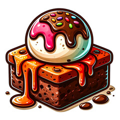 Wall Mural - A brownie with a gooey, melted chocolate center oozing out, topped with a scoop of ice cream vector art illustration on a white background.
