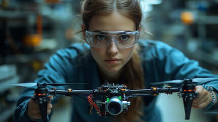 a female engineer works on drone technology, emphasizing the role of women in technological advancem