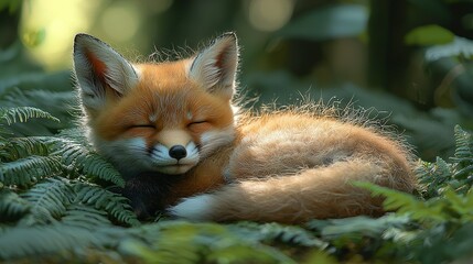 Poster -   A close-up of a small fox lying in a field of grass with its eyes closed