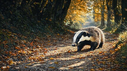 Poster -   Badger on woodland trail surrounded by foliage and tall trees