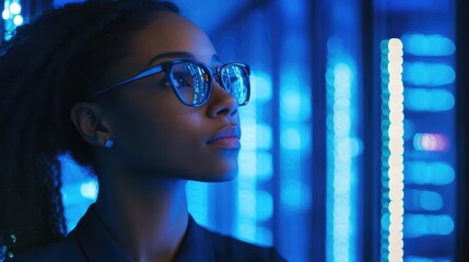 Woman looking up with blue lights reflection in glasses.