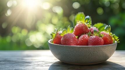 Sticker -   A bowl of strawberries sits on a table as sunlight filters through the tree's leaves behind