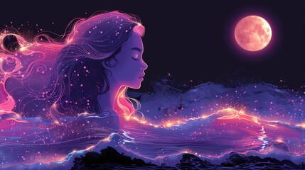 Wall Mural - A mermaid girl on the waves. in shades of purple and pink. the illustration that was drawn on the tablet