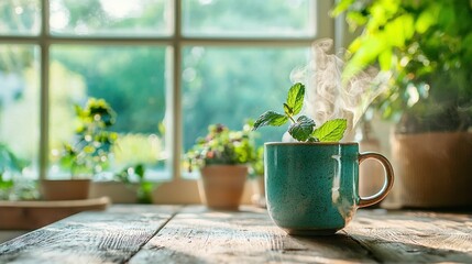 Canvas Print -   A steaming cup of tea rests on a table, framed by a window and potted plants in the background