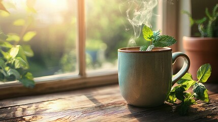 Sticker -   A cup containing a plant sits near a potted plant and window sill