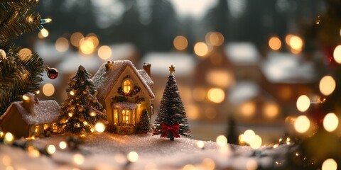 Festive miniature Christmas village scene with a snow-covered house, tiny trees, and glowing lights. A cozy and magical holiday setting, surrounded by bokeh lights