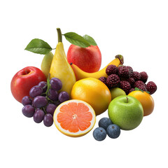 A colorful assortment of fresh fruits including apple, pear, blackberry, banana, grape, citrus, and plum. Perfect for health and diet concepts.