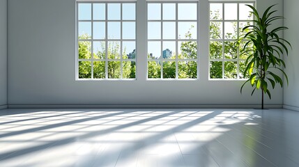 Wall Mural - A minimalist room bathed in sunlight through large windows, serene and spacious.