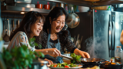 asian old mother and daughter cooking together in kitchen, both smiling as they prepare the dish