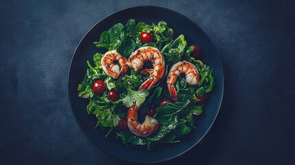 Poster -   Plate of Shrimp and Lettuce Salad with Cherry Tomatoes on Dark Blue Plate, Set against Blue Background