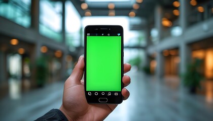 Smartphone display with blank green screen ready for app showcase in contemporary environment