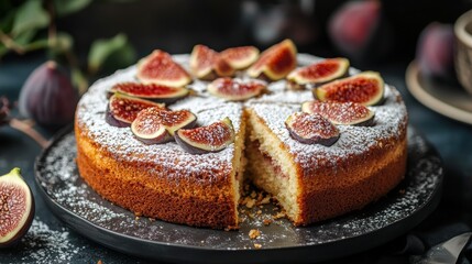 Sticker - delicious fig and almond cake topped with powdered sugar, ideal for tea time a delightful dessert concept