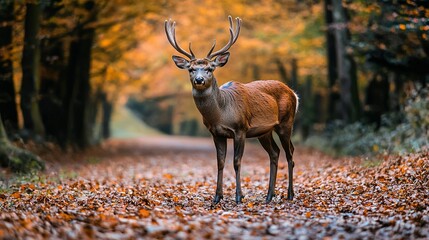 Wall Mural - a deer stands amidst a road strewn with leaves in a forest surrounded by trees and fallen foliage