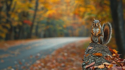 Poster -   A squirrel perched atop a tree trunk amidst a road's midst, encircled by trees and fallen foliage