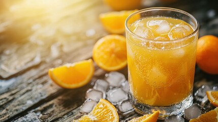 Poster -   A glass of orange juice sits atop a wooden table, surrounded by sliced oranges and ice cubes