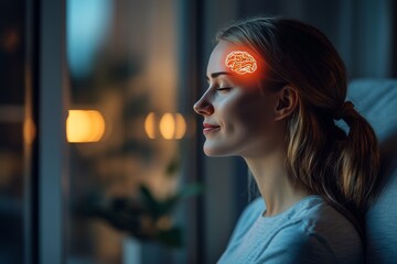 Poster - Synaptogenesis neurofeedback diffusion imaging cerebral cortex and connectome side profile of woman with glowing neural energy on her temple in modern setting