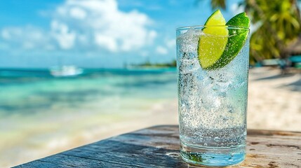 Sticker -   A clear shot of a glass containing a lime wedge atop a table beside the sea