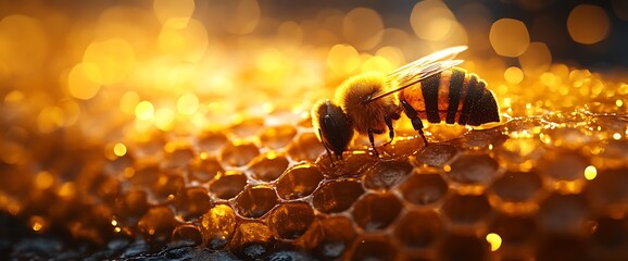 Wall Mural - A bee pollinating on a honeycomb with a blurred golden background.