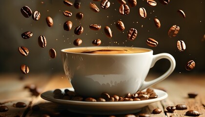 Coffee beans cascading above a steaming cup, creating a delightful scene of rich aromas and warm tones