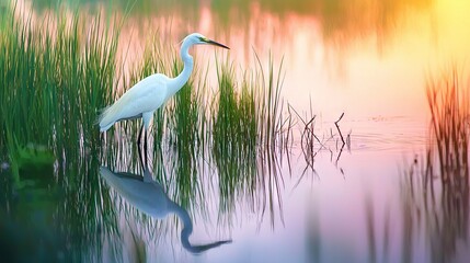 Poster -   A majestic white bird perched in a tranquil waterway, surrounded by lush grass in the foreground and a stunning sunset in the backdrop