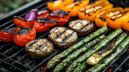 Wall Mural -   Asparagus, bell peppers and grilled peppers on BBQ grill with asparagus spears