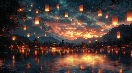 Sticker -   A painting depicts lanterns drifting over a body of water at night with a mountain range as its backdrop