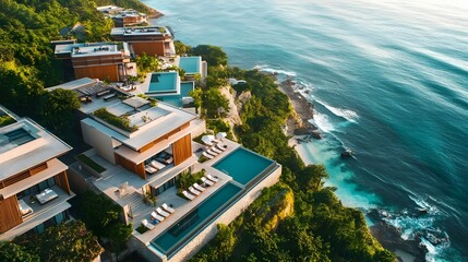 Poster - An elegant stock photo of a luxurious beachfront resort with infinity pools and sun loungers overlooking the ocean.