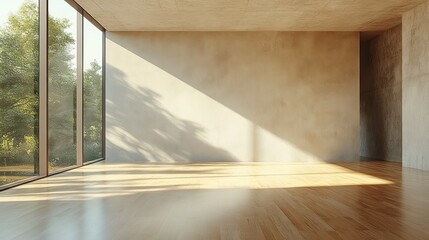 Wall Mural - Empty Room with Hardwood Floor, Large Window and Sunlight Streaming Through