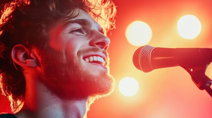 Wall Mural - A portrait of a band member smiling and interacting with the audience, showcasing the joy and connection of music.