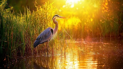 Sticker -   A bird stands near tall grass and reeds, shining sun behind, water nearby