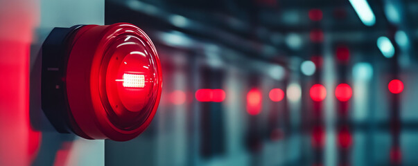 A fire alarm system with red warning lights is prominently displayed in corridor, emphasizing safety and alertness. bright red lights create sense of urgency and caution