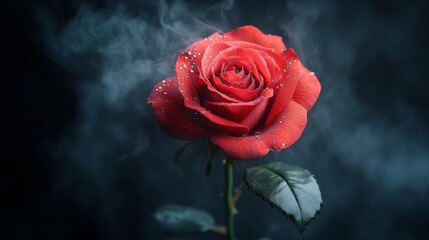 Wall Mural - Red rose with water droplets and smoke