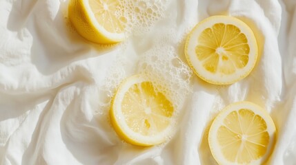 Sticker - Sliced lemons resting on a soft white cloth with bubbles, captured in natural light for a refreshing summer vibe