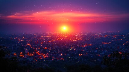 Canvas Print - Cityscape with a glowing sunset and scattered lights