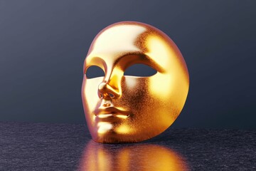 A metallic anonymous mask polished to shine resting on a dark granite surface reflecting ambient light.