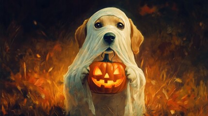 Cute dog dressed as a ghost holding a pumpkin.