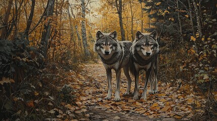 Sticker -   Two grey wolves stand amidst autumn foliage against a backdrop of towering trees