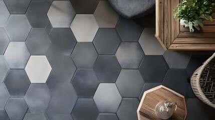 6. Modern hexagonal tile pattern in varying shades of gray for a sleek, contemporary look