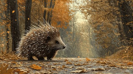 Sticker -   A porcupine strolls along a dirt path amidst fallen foliage and towering woodlands